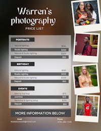 warren's photography price list