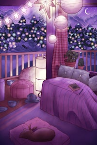 a purple bedroom with a bed and a lamp