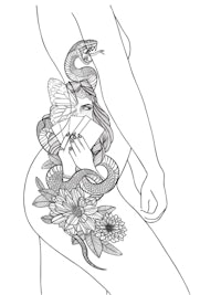 a drawing of a woman with a snake and flowers on her thigh