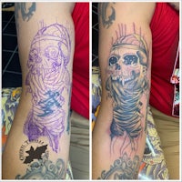 a tattoo of a skeleton with purple ink on it