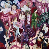 a painting of a group of people in pink and purple
