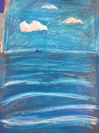 a drawing of the ocean with clouds in the sky