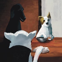 a painting of three dogs sitting at a table