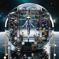 a woman is standing in a glass sphere with a lot of ornaments