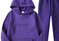 a purple hoodie and sweatpants with the word energize