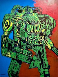 a painting of a green and blue robot
