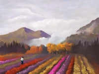 a painting of a man walking through a field of flowers