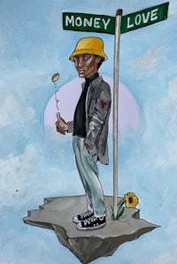 a painting of a man with a hat and a sign saying money love