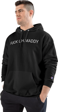 a man wearing a black hoodie that says fuck up maddy