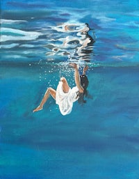 a painting of a girl in a white dress floating in the water