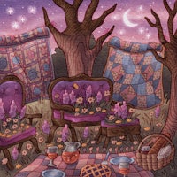a painting of a quilted picnic table and chairs