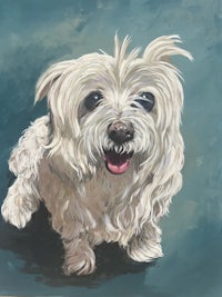 a painting of a white dog on a blue background
