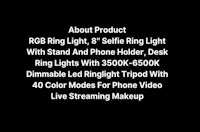 a black background with the words about product rgb ring light 3 selfie light stand with stand