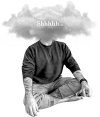 a black and white photo of a man with a cloud over his head
