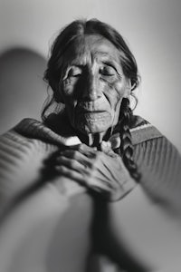 a black and white photo of an old woman