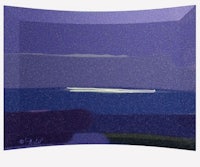 a purple painting of a boat in the water
