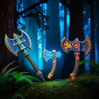a group of axes in a dark forest