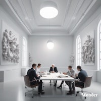 a group of people sitting around a table in an office