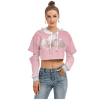 a woman wearing a pink cropped hoodie with clouds on it