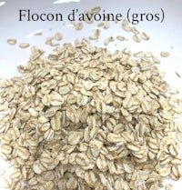 oats in a white bowl with the words flocon d'avoine gros