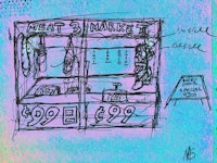 a drawing of a meat market with a sign on it