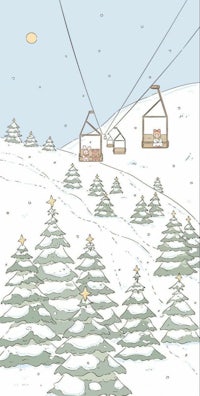 a christmas card with a ski lift and trees