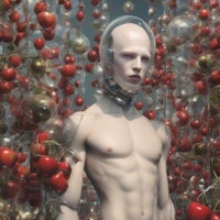 a mannequin standing in a field of tomatoes