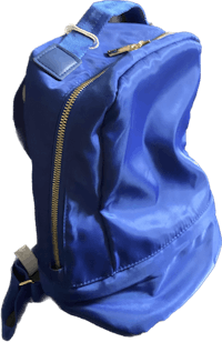 a blue backpack with zippers on it