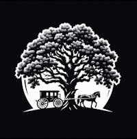 a black and white image of a horse drawn carriage under a tree