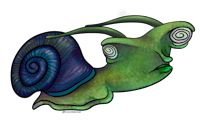 a snail with a green and blue face
