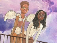 a painting of two women standing on a railing with angel wings