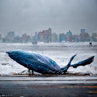 a blue whale lying on the ground in the snow