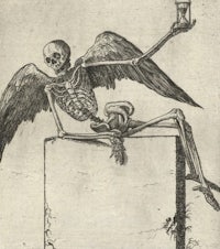 a drawing of a skeleton holding a clock