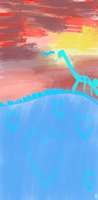 a drawing of a dinosaur in a field with hearts in the sky