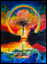 a painting of a rainbow with a tree in the middle
