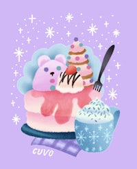 an illustration of an ice cream dessert with a teddy bear