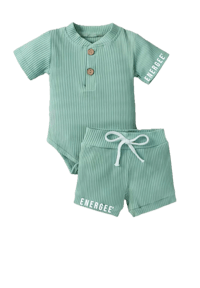 a green baby bodysuit and shorts set