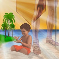 a boy is sitting on the sand next to a palm tree