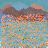 a painting of a field with mountains in the background