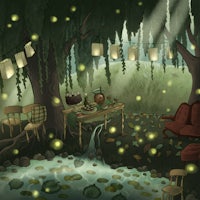 an illustration of a forest with fireflies hanging from the trees
