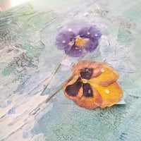 a watercolor painting of two pansies on a table