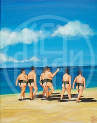 a painting of a group of men on the beach