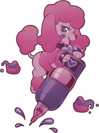 a pink poodle is holding a pink pen