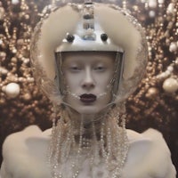 a mannequin wearing a helmet and pearls