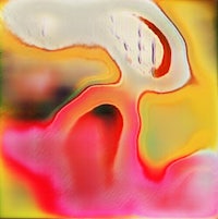 an abstract painting with a red, yellow, and blue background