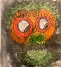 a drawing of an orange and green monster with big eyes