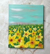 a painting of yellow daffodils in a field