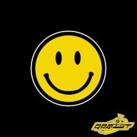 a yellow smiley face sticker on a black background