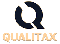 the logo for qualitax on a black background