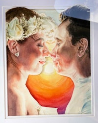 a watercolor painting of a couple kissing in front of a sunset